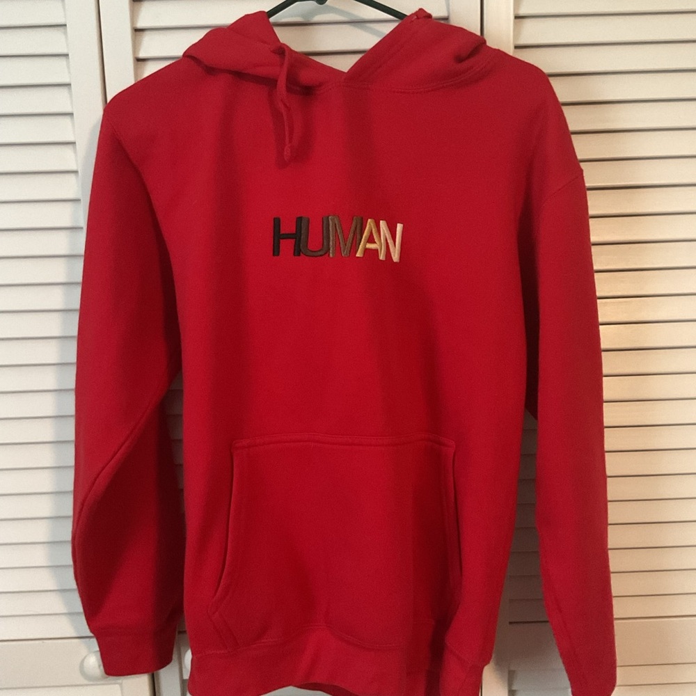 Red Hoodie with 'HUMAN' Embroidery